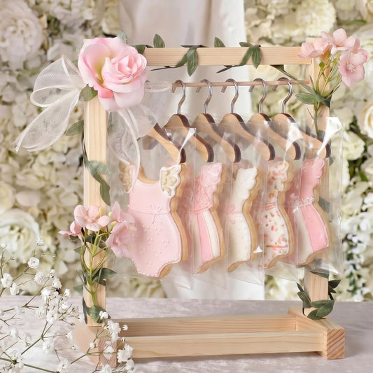 Suclain Mini Wooden Cookie Display Stand for Baby Shower Bridal Shower with 6 Hangers, Solid Wood Cookie Rack with Faux Flowers, Vines, Ribbon and Treat Bags for Wedding Tea Doll Party Dessert (Pink)