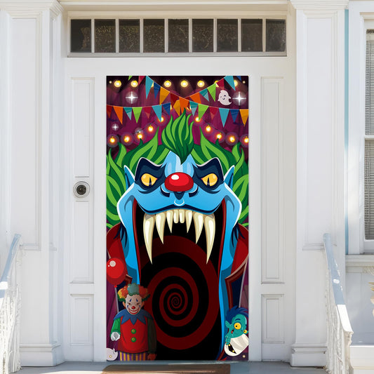 Halloween Circus Door Decorations Evil Clown Banner,Creepy Carnival Banner,Bloody Horror Tent Haunted House Kids Party Door Decorations.