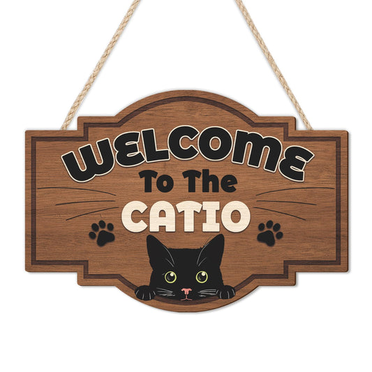 HLNIUC Welcome To The Catio Wood Sign(11”x8”) Funny Black Cats Wall Decor,Cute Black Cat Door Signs,Cats Home Porch Hanging Plaque,Animal Welcome People Tolerated Sign for cat Lover Front Door