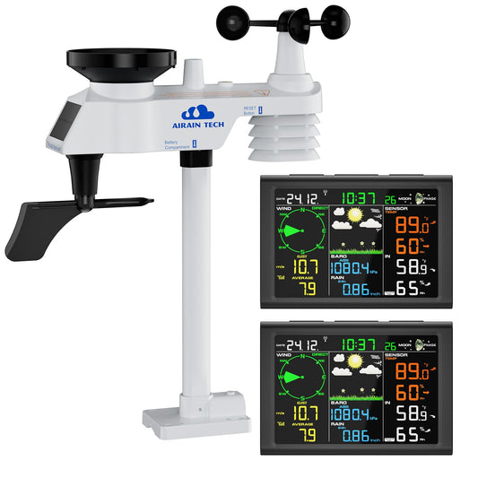 AIRAIN TECH 10-in-1 Wireless Weather Station with Dual Display, Outdoor Sensor, Rain Gauge, Atomic Clock, Wind Speed, Indoor Temp/Humidity, Barometric Pressure,etc (No WiFi)