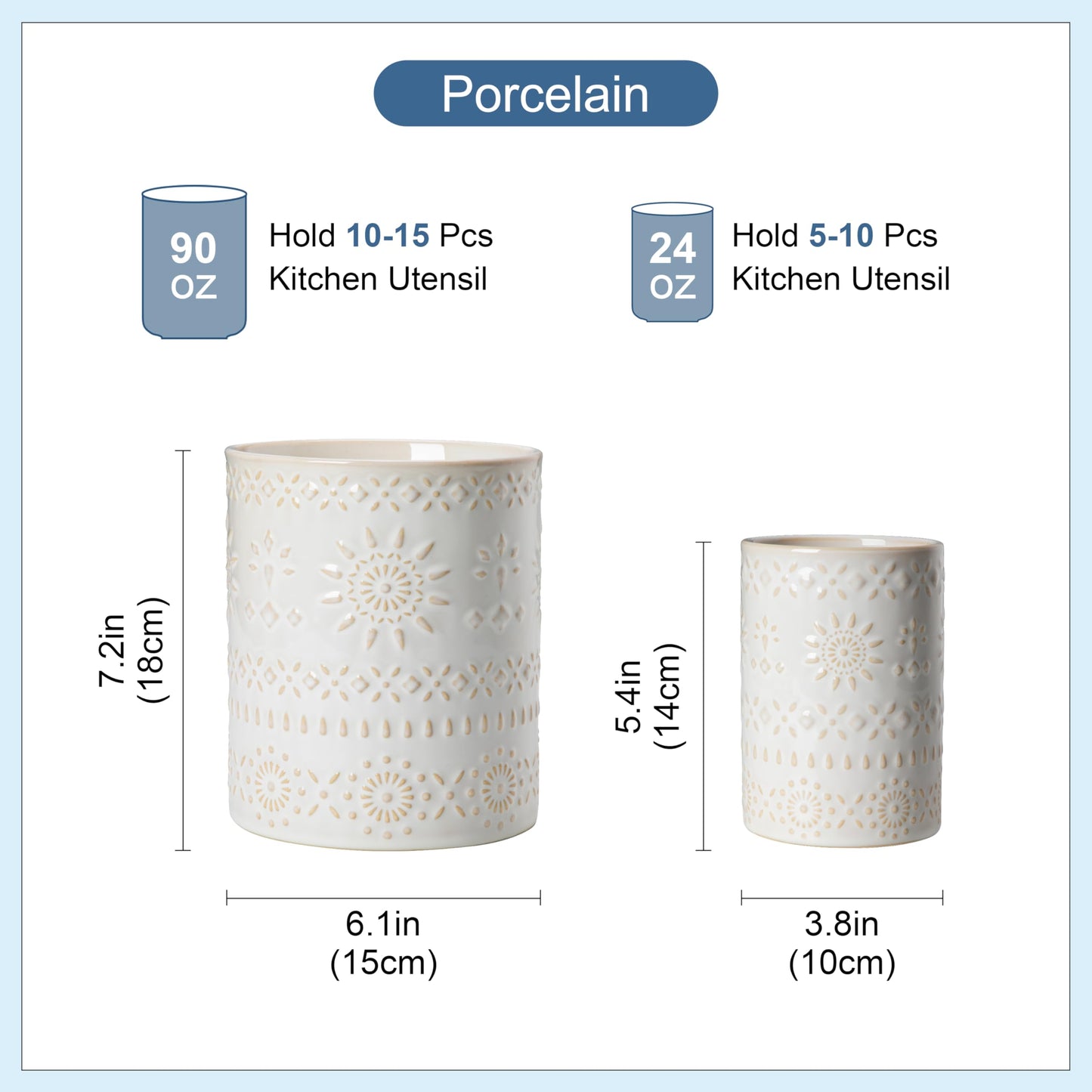 LOVECASA Utensil Holder, 7.2"+5.4" Ceramic Utensil Holder for Countertop, Large Cooking Utensil Crocks for Kitchen Counter, Farmhouse Utensil Vase for Housewarming, Kitchen Decor, Set of 2, Oasis