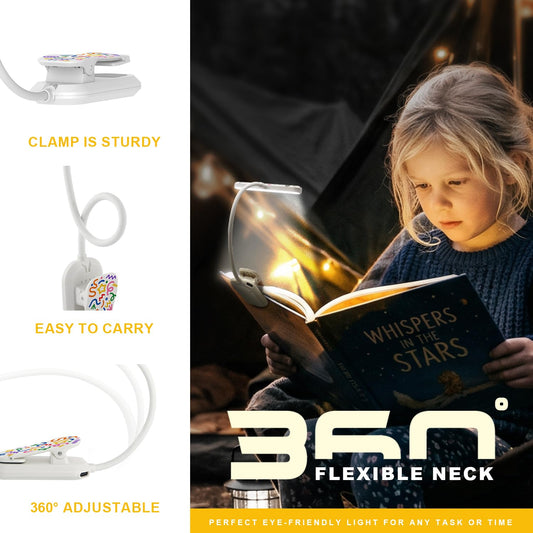 Hoxutym Rechargeable Kids Book Light 25 LEDs - Reading Light for Kids, Eye Caring 3 Colors & 5 Brightness Levels, Extended 1200mAh Battery, Gifts for Kids & Book Lovers (White Doodle)