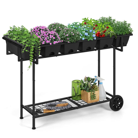 Vrisa Plastic Raised Garden Bed Outdoor with Legs 43x17x29 in Elevated Standing Planter Box with Storage Shelf and Wheels Vegetables Herbs Flowers Gardening Boxes for Backyard, Patio, Balcony, Black