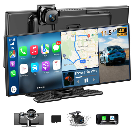 11.5" Largest Wireless Carplay HD Screen for Carplay & Android Auto Car Stereo with 4K Dash Cam 1080P Backup Camera, GPS Navigation/Bluetooth/Mirror Link/Voice Control/AUX/FM/Siri