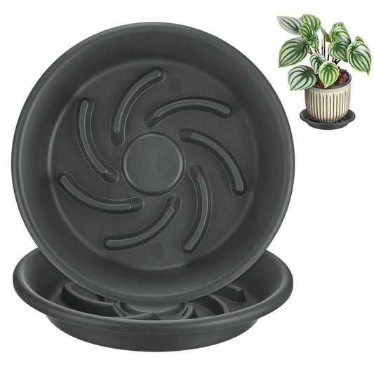 M METERXITY 2-Pack Plant Saucers, 6.3 Inch ID Anti-Rot Root Resin Flower Pot Plant Saucers for Indoor/Outdoor, Flowerpot Drip Tray [8.3 Inch OD, Gray Black]