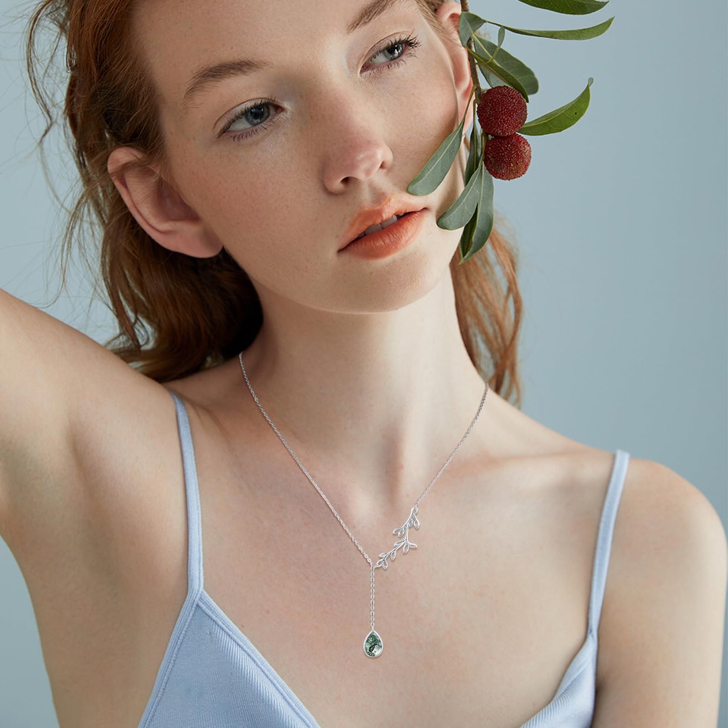 Silikepa Leaf Necklace for Women 925 Sterling Silver Leaf Pendant Necklace Y Chain with Moss Agate Jewelry Gifts for Women