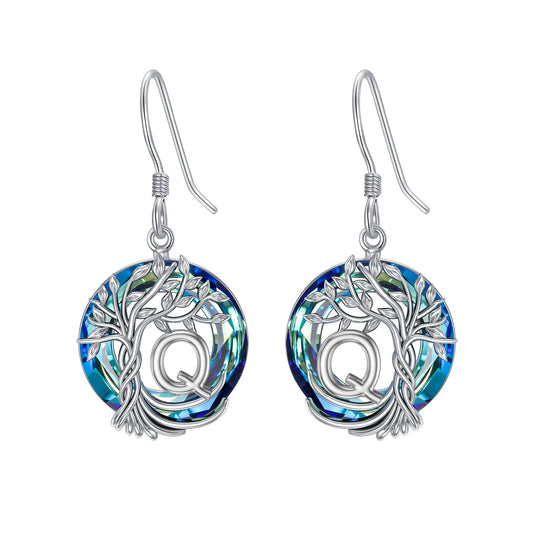TOUPOP Tree of Life Initial Earrings Sterling Silver Initial Q Letter Drop Dangle Earrings Blue Circle Crystal Family Tree Jewelry Birthday Mothers Day Gifts for Women Mom Her