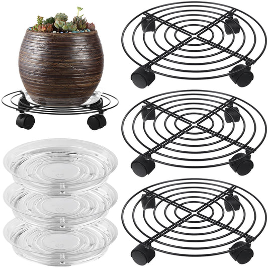 Planterhoma 3 Packs Large Metal Plant Caddy 13 Inches Plant Dolly with Wheels Heavy-duty Iron Rolling Plant Stand with Casters for Indoor Outdoor Flower Pot Mover Rollers Black Wheeled Plant Colaster
