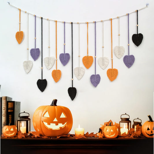 HVEST Halloween Macrame Wall Hanging Boho Decor, Purple Leaves Handmade Woven Tapestry for Bedroom Black and White Bohemian Macrame Wall Art for Living Room Decorations, 29.5L X 47W