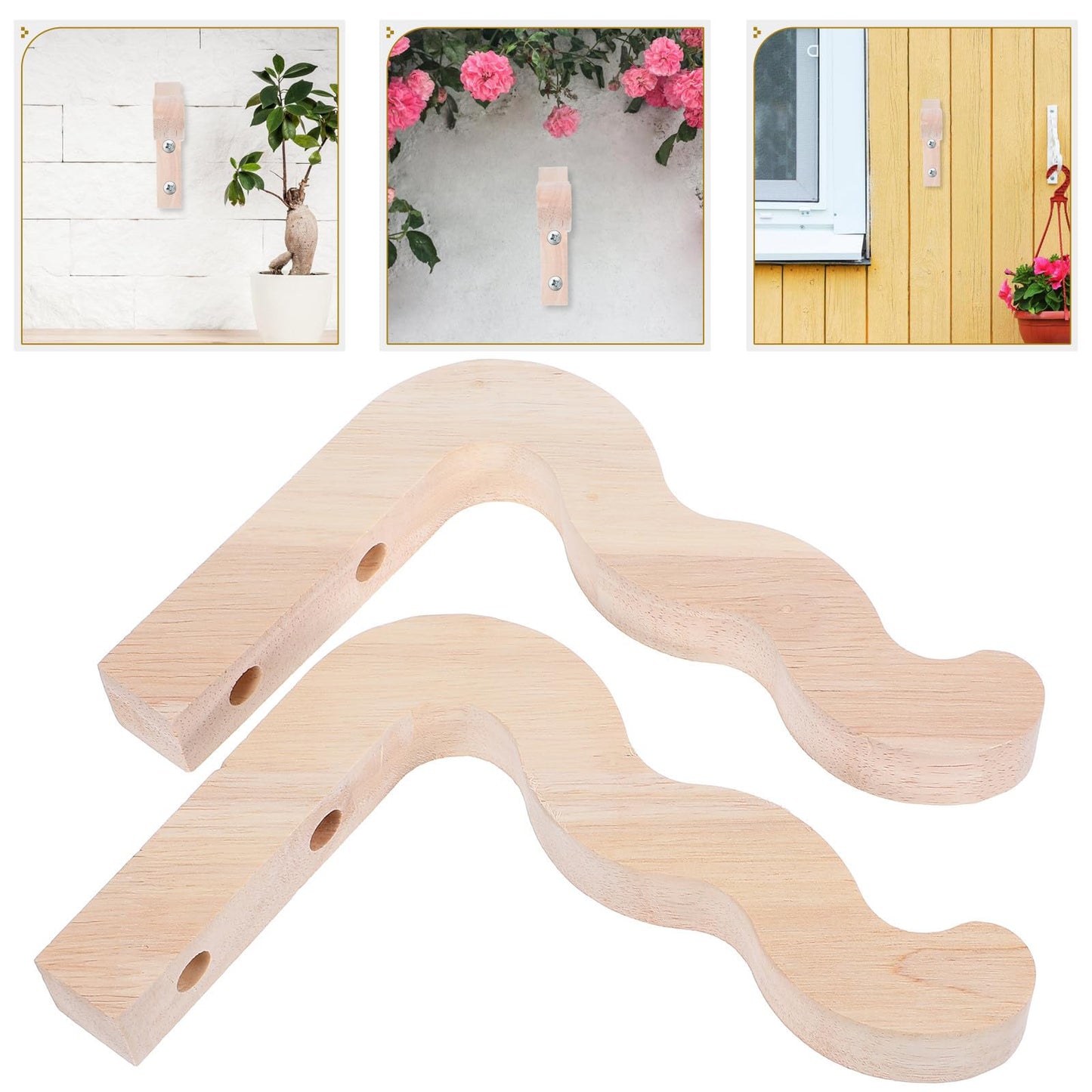 Beavorty 2pcs Wall Mounted Planter Hooks for Flower Pot Hanging Brackets, Indoor Outdoor Plant Hangers with Natural Wood Finish for Garden Lantern Wind Chime Decoration
