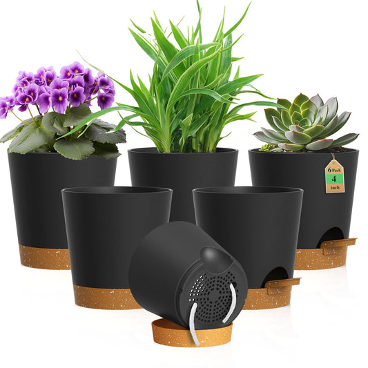 WSMKSZ 4 inch Self Watering Pots for Indoor Outdoor Plants, 6 Pack Plastic Flower Planters with Drainage Holes and Removable Saucers, Plant Pots with Wicking Rope, Modern Decor, Black Brown