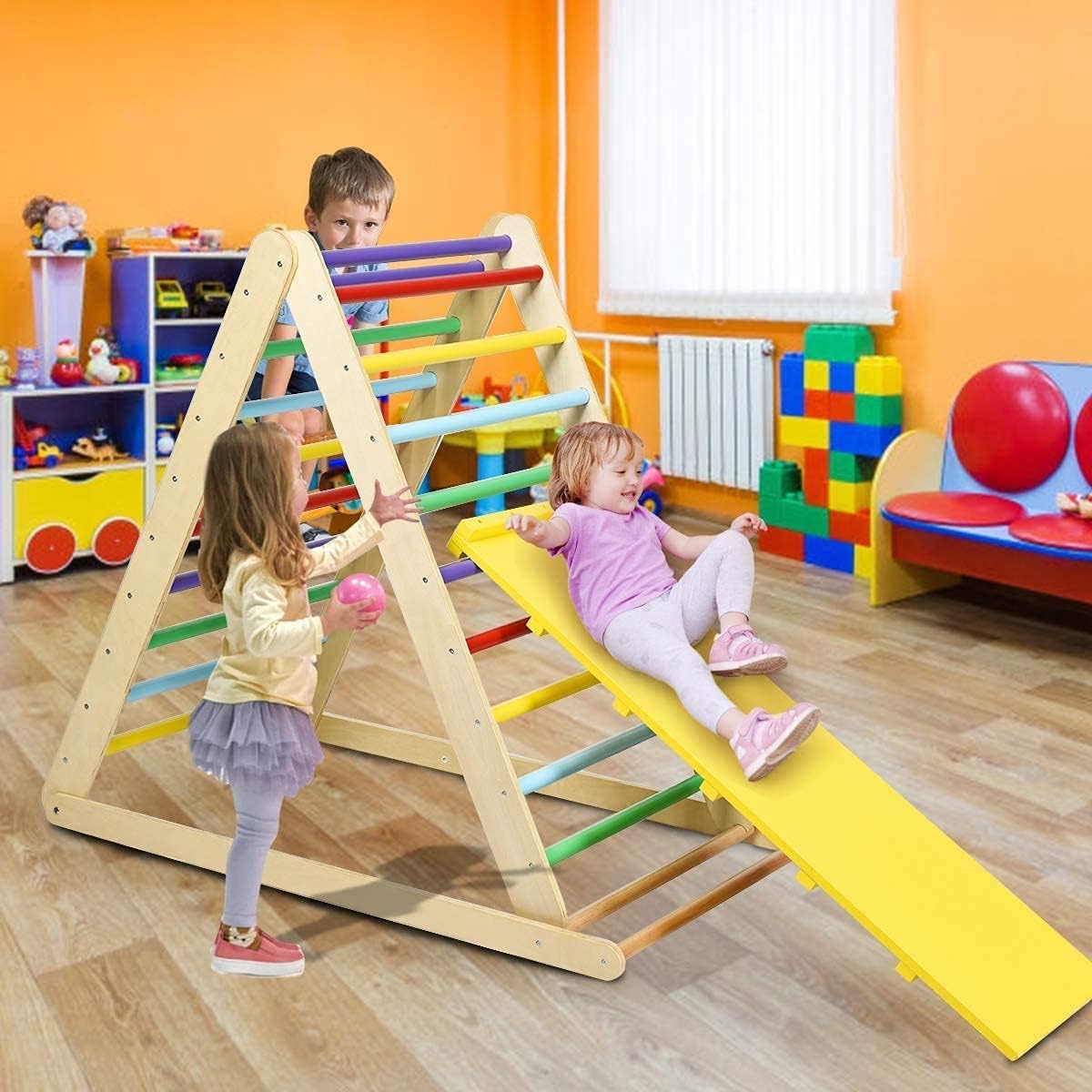 Costzon Foldable Climbing Toys for Toddlers, 3 in 1 Montessori Wooden Triangle Climber for Sliding & Climbing, Kids Indoor Climbers & Gym Play Structures for Boys Girls Gift Present