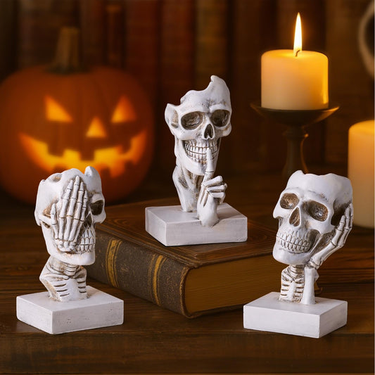 See Hear Speak No Evil Skeleton Figurines Set,Gothic Evil Skull Trio Statue,Vintage Skeletons for Halloween Decorations Indoor,Living Room Fireplace Floating Shelf Coffee Table Centerpiece Decor