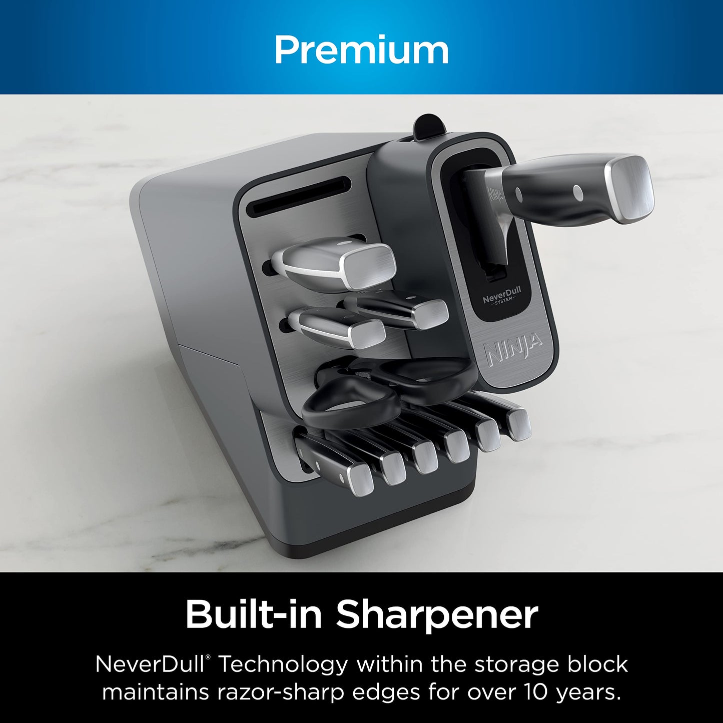 Ninja Knife Set, Knife Sharpener, Knife Block Set, Stainless Steel Knives, 14 Piece Set, Steak Knives, Chef Knives and More, Foodi NeverDull, Black, K32014