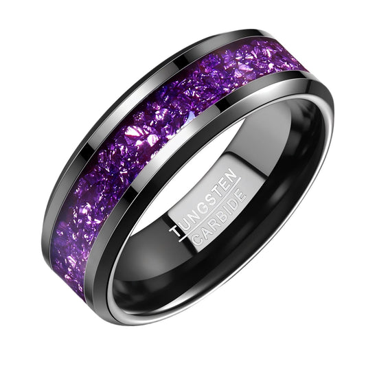 NUNCAD Men's Tungsten Rings 8mm Black Wedding Band Inlaid with Amethyst Center Polished Beveled Edge Comfort Fit Size 7-12