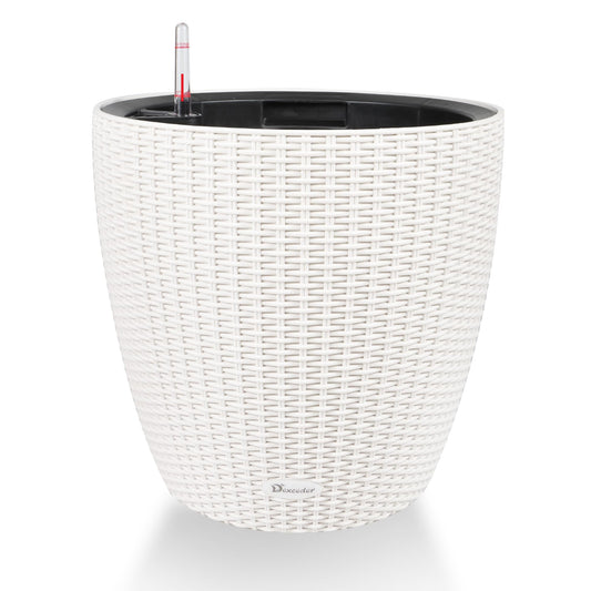 Dexceder 18x17 Inches Rattan Self Watering Planter Indoor Outdoor, Inner Pot Design, Thickened Table Flower Plant Pot with Water Level Indicator (Ivory White)