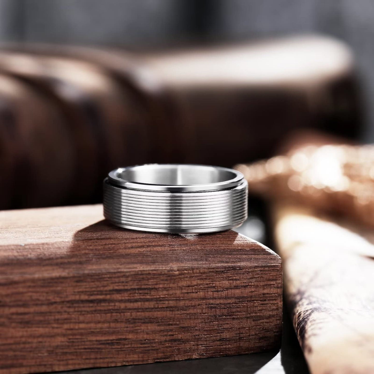 King Will Mens Silver 8mm Groove Spinner Rings Stainless Steel Anxiety Fidget Ring for Women Men Polish Thin Line Groove Wedding Band Fidget Ring Matte Brushed Comfort Fit 10
