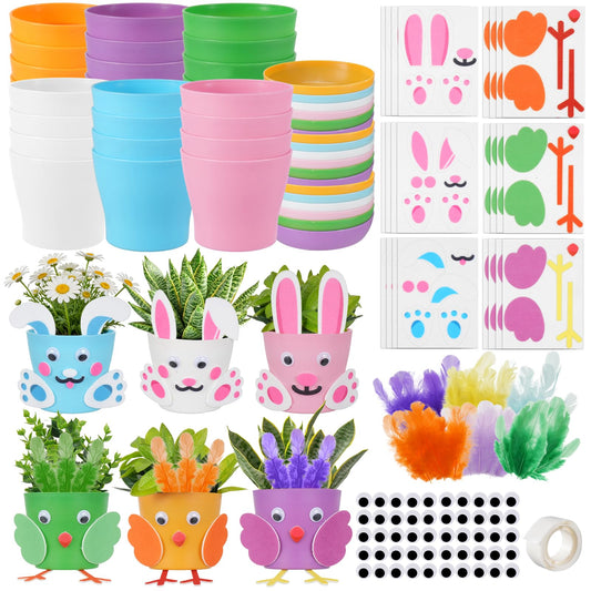 HFYZZ 24 Sets Easter DIY Flower Pots Crafts Kit Include Spring Bunny, and Little Chick Felt Sticker with 24 Flower Pots for Spring Easter Party Decorative Supplies