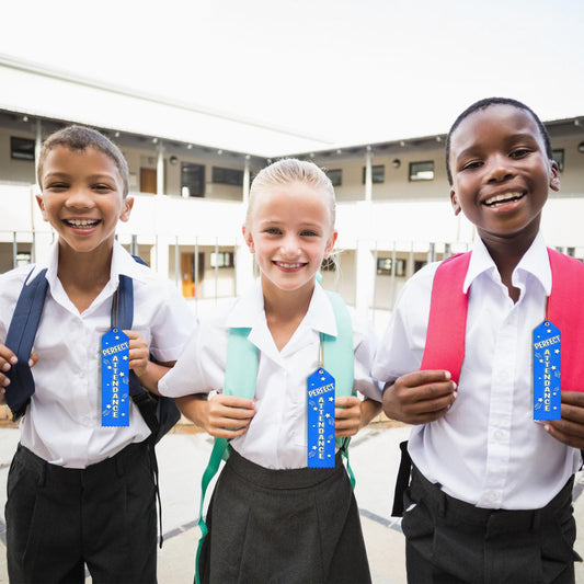 Wavwavw 100 Pcs Perfect Attendance Ribbons Bulk 8" x 2" Prizes Ribbons with Event Card and String Award Prize Gift for Tournaments Competitions Party Classroom Home Study Supplies