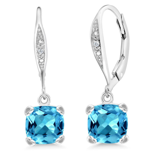 Gem Stone King Drop Dangle Earrings For Women | 7MM Cushion Cut Gemstone Birthstone and Diamond | 925 Sterling Silver | Jewelry Gift for Mom Wife Her | Swiss Blue Topaz-November | Sterling Silver