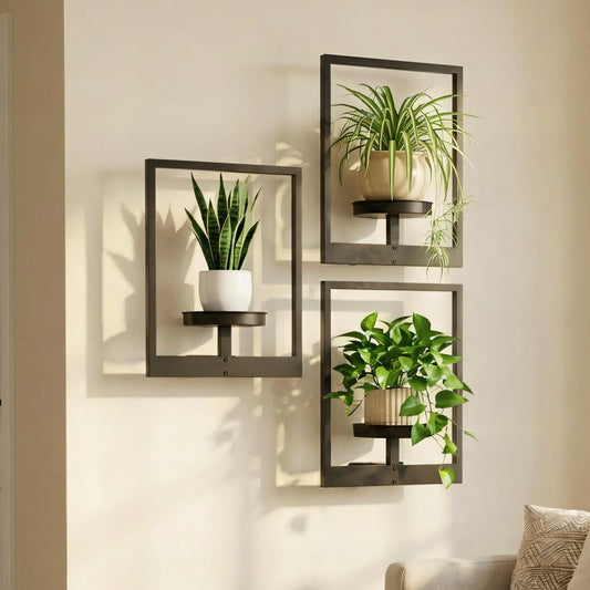 bbteroiu Picture Frame Wall Planters Set of 3, Modern Metal Hanging Shelves for Plants, Rustproof Wall Mount Flower Pot Holder for Indoor Outdoor, Decorative Plant Stand for Living Room Patio, Black