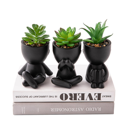 HEYO-YEPY 3PCS Cute Artificial Plant Office Decor for Women and Men, Aesthetic Desk Plant Decor for Office and Home, Potted Small Fake Plants for Indoor Decoration, Black Pots Green Plants