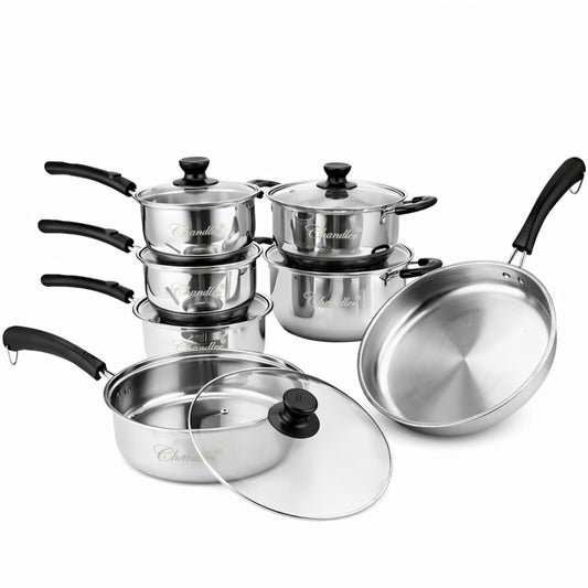 Chandler Stainless Steel Cookware Set, 13-piece Pots and Pans with Tempered Glass Lid - Cooking Set with Deep Pans, Saucepans & Pots Compatible for Family Meals (13-Pieces Stainless Steel)