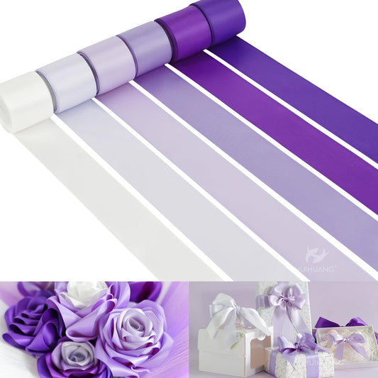 HUIHUANG Purple Ribbon 1-1/2 inch Lilac Purple and White Satin Ribbon Assorted for Flower Bouquet, Gift Wrapping, Bows, Crafts, Eternal Flowers, Bridal Shower Wedding Decor- 6 Rolls, Total 30 Yards