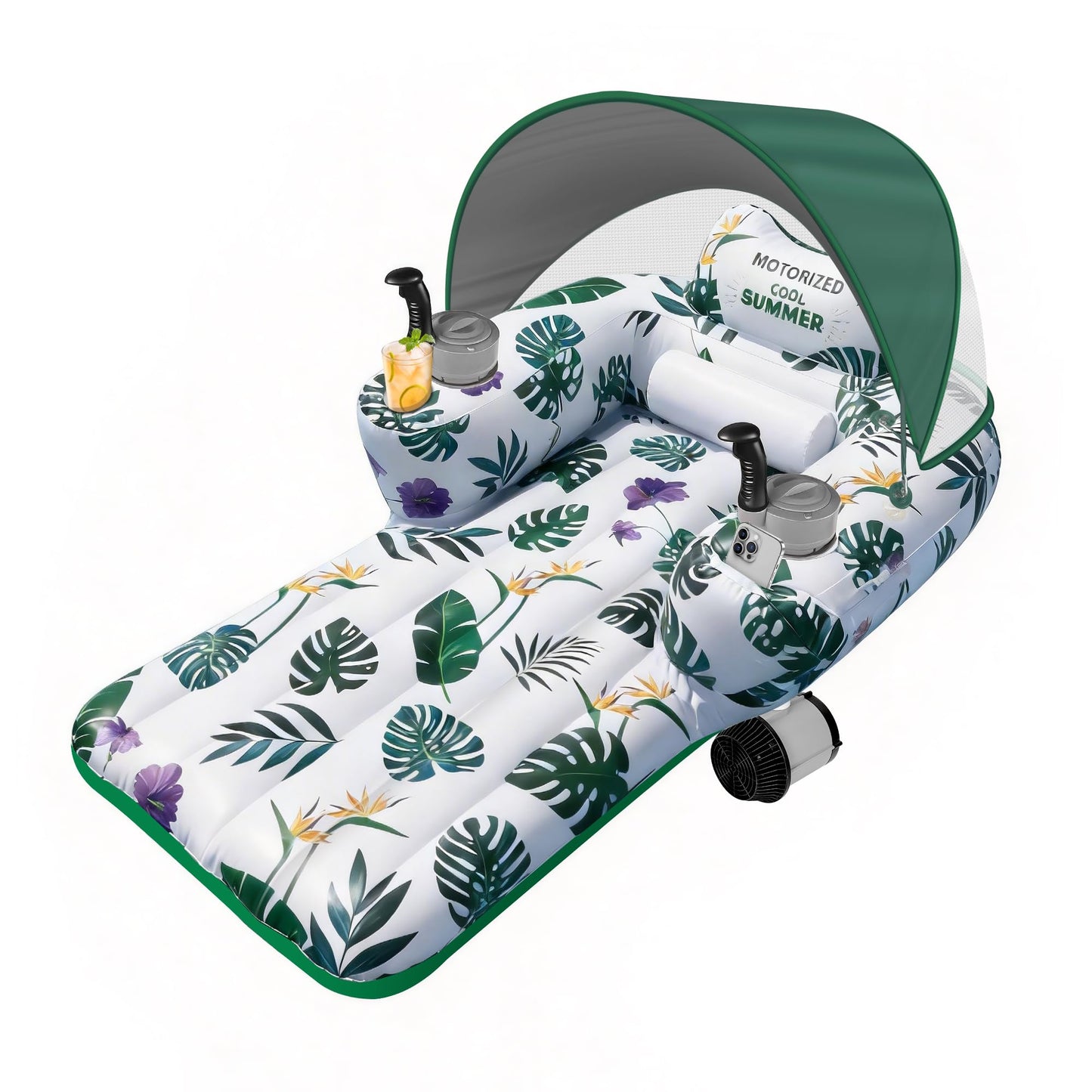 GIGIGO Motorized Pool Float with Canopy, Rechargeable Motorized Lounger for Adults with Dual Motors, Green Lake Floats Adult Size with Cup Holder for Parties, Vacations & Relaxation