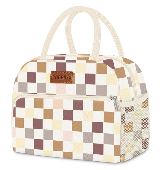 Coobiiya Lunch Bag for Women Men, Cute Corduroy Lunch Tote Bags Insulated Reusable LunchBox Large Capacity Cooler Bag for Work Travel Picnic Brown check