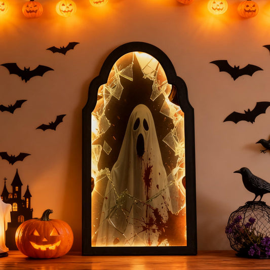 Semjar Halloween Indoor Decor,LED Ghost Mirror Hologram Scary Halloween Decorations,Haunted Mirrors Vintage Halloween Wall Decor for Party Fireplace Bedroom,Ghosts Haunted Mansion Decor