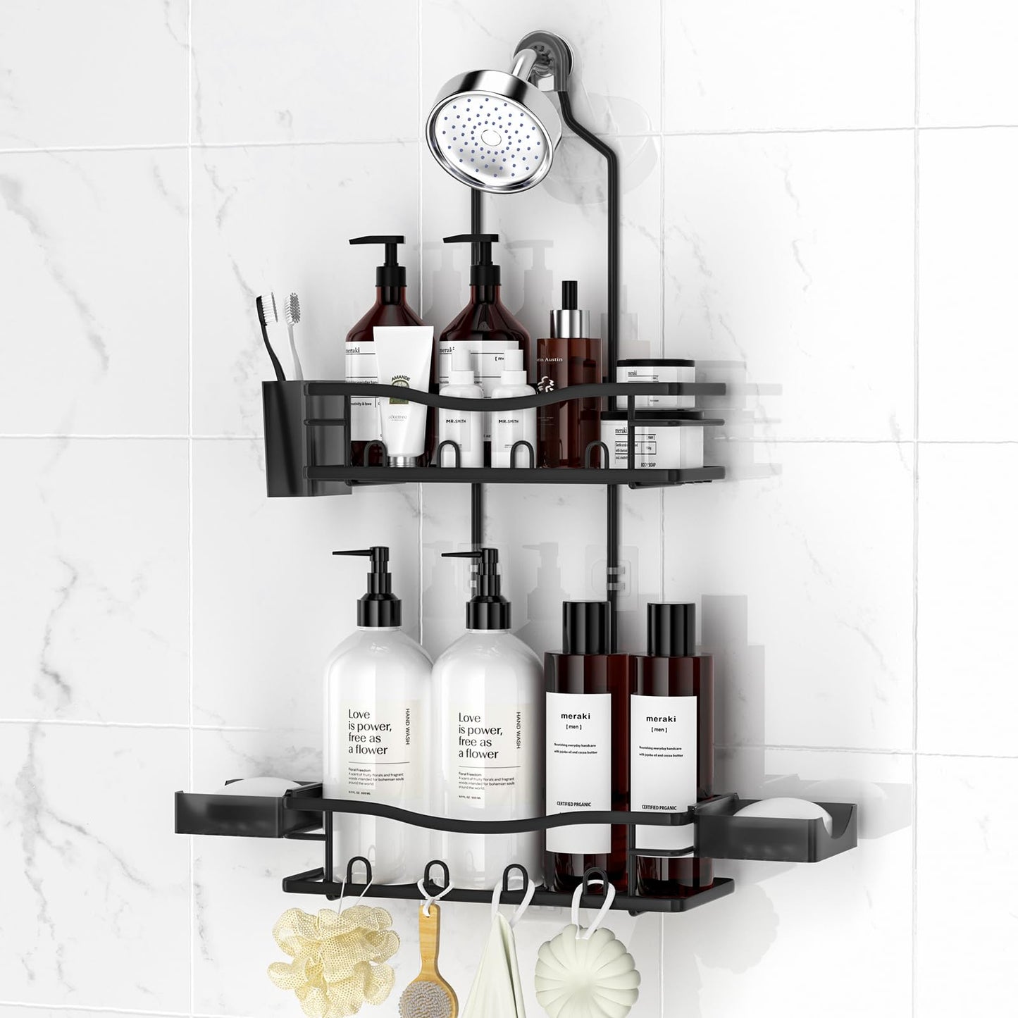 REINHARDT Shower Caddy Hanging, Rustproof Shower Caddy Anti-Swing Shower Organizer Over Showerhead No Drilling Shower Racks with Soap Holder Multi Hooks Bathroom Storage for Shampoo Sponge, Black