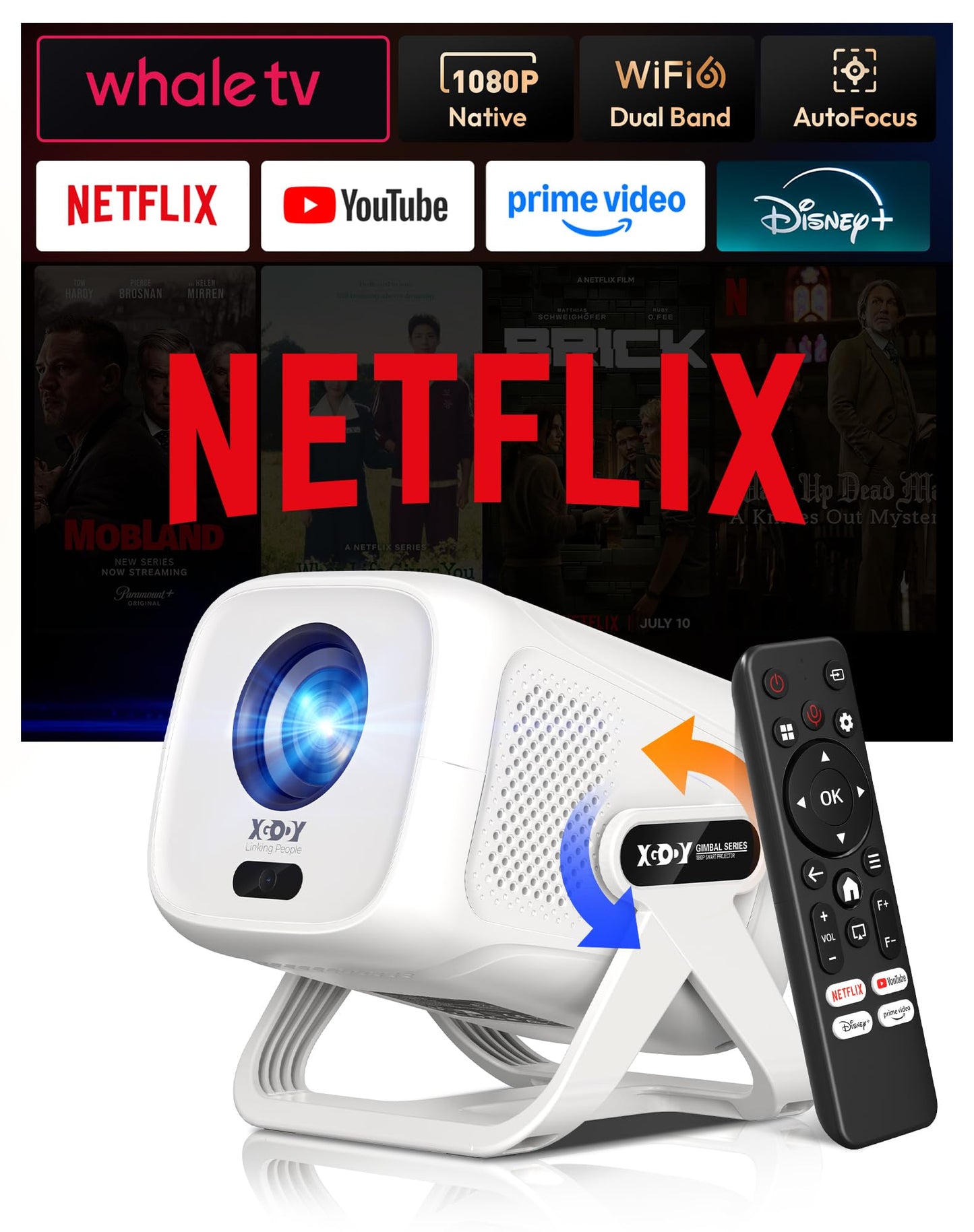 Xgody Gimbal N5 Compatible with Netflix & Auto Focus Keystone Smart Mini Projector with WiFi6 and Bluetooth, Portable Projector Native 1080P & Voice Controlled, 4K Home Movie Projector, White