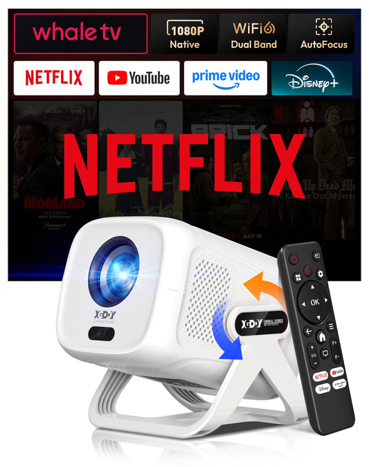Xgody Gimbal N5 Compatible with Netflix & Auto Focus Keystone Smart Mini Projector with WiFi6 and Bluetooth, Portable Projector Native 1080P & Voice Controlled, 4K Home Movie Projector, White
