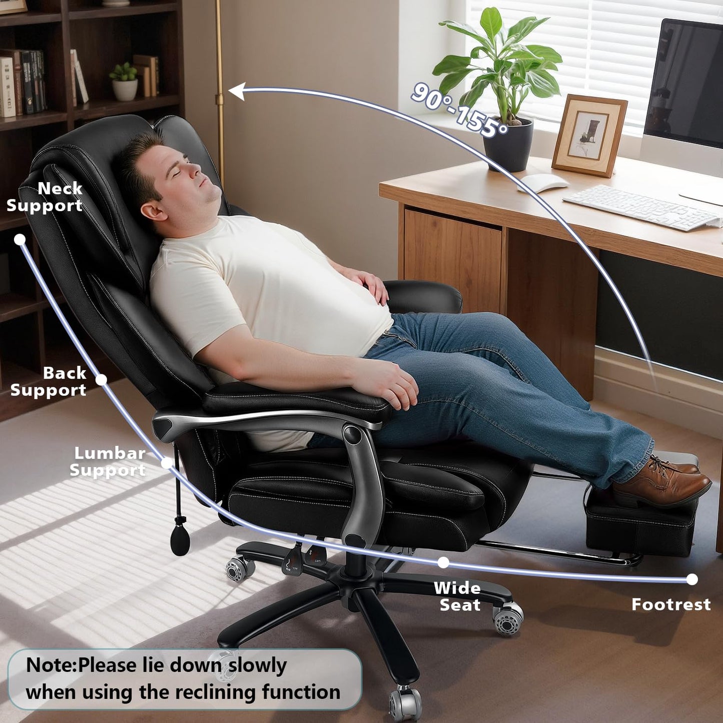 600lbs Big and Tall Office Chair for Heavy People,Heavy Duty Comfy Executive Office Desk Chair with Adjustable Lumbar Support,High Back Reclining PU Leather Computer Chair,Metal Base (Classic, Black)