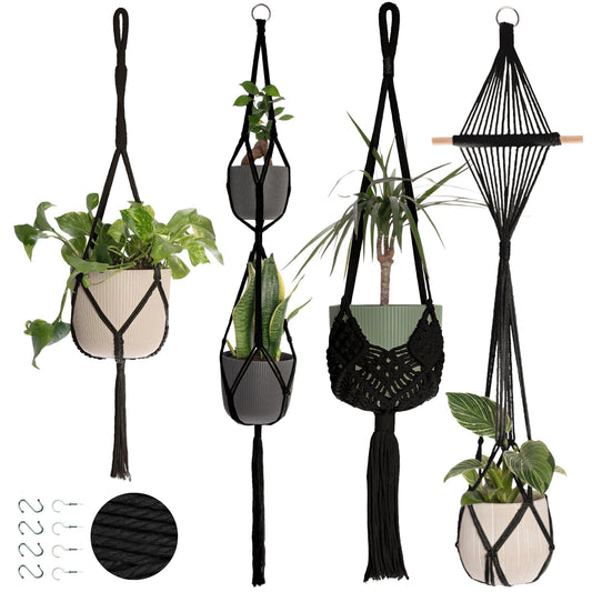 Nook Theory 4-Pack Macrame Plant Hangers with 8 Hooks - Hanging Planters for Indoor Plants, Boho Macrame Hangers Indoor Outdoor, Decorative Plant Hanger Indoor (Black)
