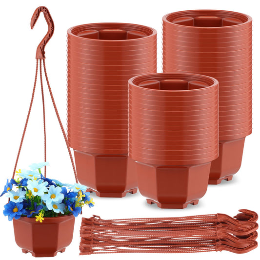 Roshtia 50 Pcs 5.1 inch Plastic Hanging Plant Pots with Hooks Flower Pots Baskets Outdoor Hanging Nursery Planter Holder for Home Garden Balcony Porch(Brown, 5.1 inch)