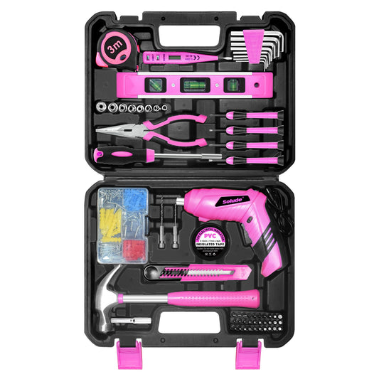 SOLUDE Pink Tool Set,130 Piece Home Tool Kit for Women with 3.6V Cordless Rechargeable Screwdriver,Basic Household Tool Kit Set for New Home,Apartment,College Dorm & DIY Projects