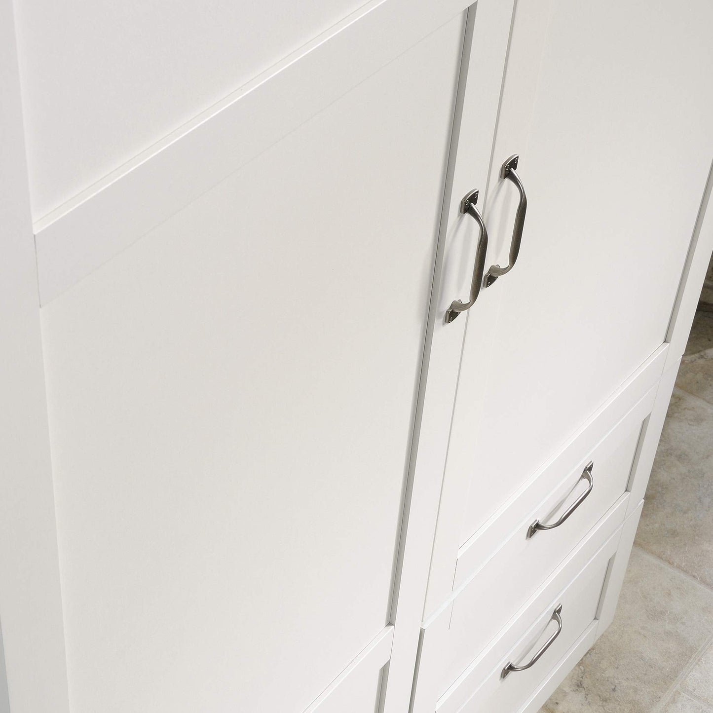 Sauder Select Multipurpose Bedroom Armoire Wardrobe Closet Pantry Storage Cabinet with Storage Drawers and Hanging Rail, in Soft White finish