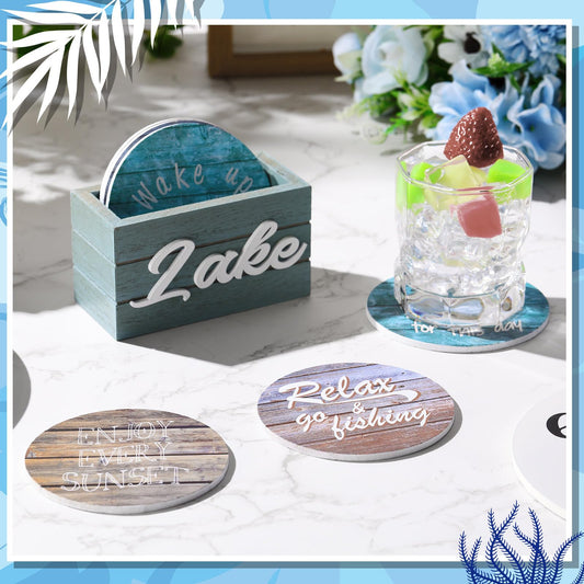 Queekay 6 Set Lake Theme Coasters with Holder for Drinks, Lake Lovers House Gifts, 4'' Wooden Coasters with Sayings House Warming Gifts New Home for Bar Coffee Table Decorations(Classic Color)