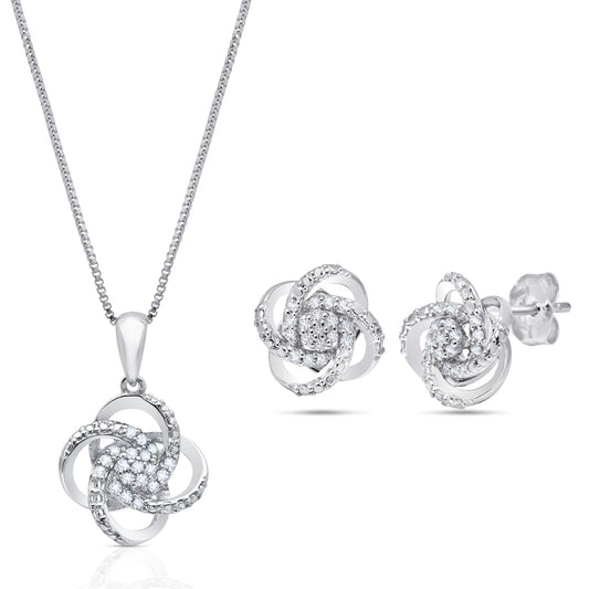 MAX + STONE 1/4 Carat Natural Diamond Love Knot Stud Earrings and Pendant Necklace for Women | Hypoallergenic 925 Sterling Silver Diamond Love Knot Jewelry Sets with 18 Inches Chain and Gift Box