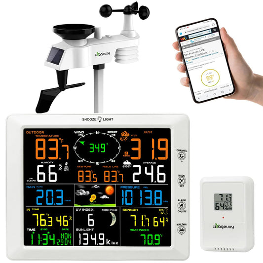 Urageuxy WiFi Weather Station with 8.07 inch Color Display – Wireless Outdoor Sensor Measures Rain Gauge, Wind Speed/Direction, Temperature, Humidity, UV, Forecasts, Barometer