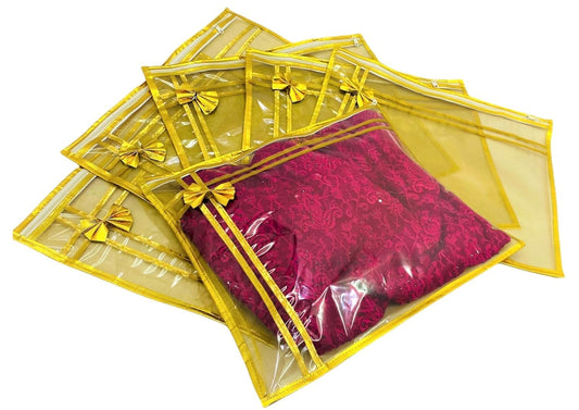 10 piece transparent single Saree/Suit Packing Sari Cover/Bag Organizer with zip for Wardrobe Storage and wedding gifting,dress covers (Golden, Pack of 10)