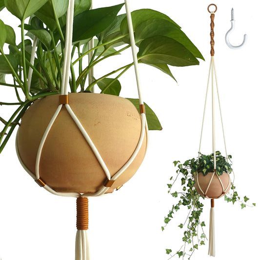 LET BE Macrame Plant Hanger Polyester Rope 42 Inch Outdoor Indoor Adjustable Hanging Planter for up to 10 Inch Plant Pot Modern Boho Home Decor (1, Ivory/Burnt Orange)