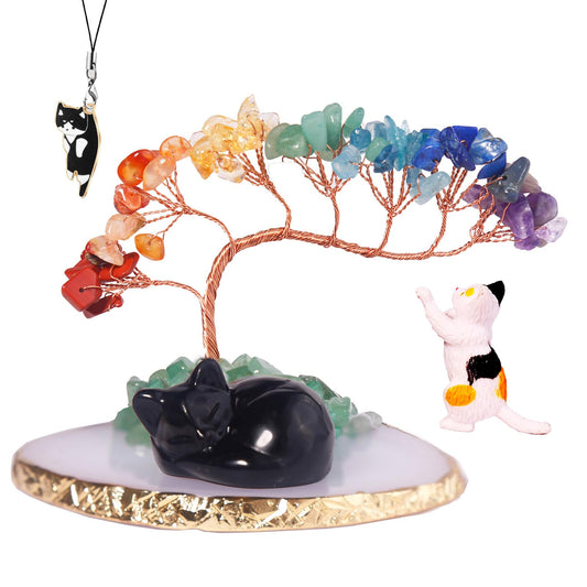 Dreamgirl Black Obsidian Chakra Crystal Tree and Healing Stones Cute Sleeping Cat Statue Lucky Kitten Figurine Office Bedroom Home Desk Decoration Cat Lovers Gift for Women