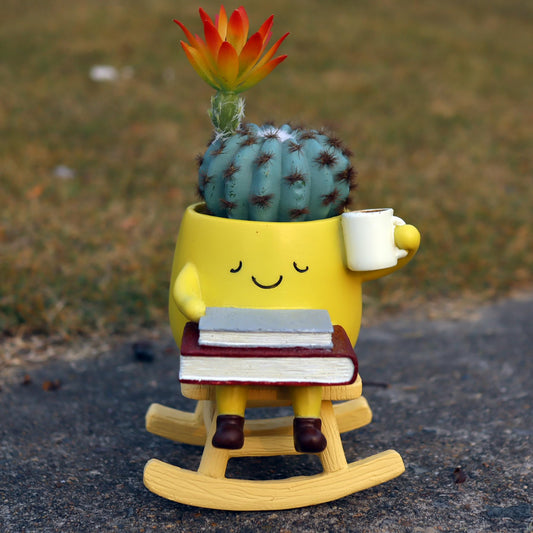 Dolkgy Funny Planters for Indoor Outdoor Plants, Adorable Rocking Chair Drinking Coffee Book Face Plant Pots, Unique Yellow Head Planters Flower Vase Succulent Pots