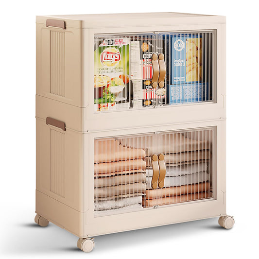 STORAGEBUD 2 Tier Large Stackable Storage Bins with Lids Open Front & 360° Wheels 84.5 QT - Collapsible Storage Bins Home Office Closet Storage Organization, Foldable Clothes Storage Cabinet, 21 GAL