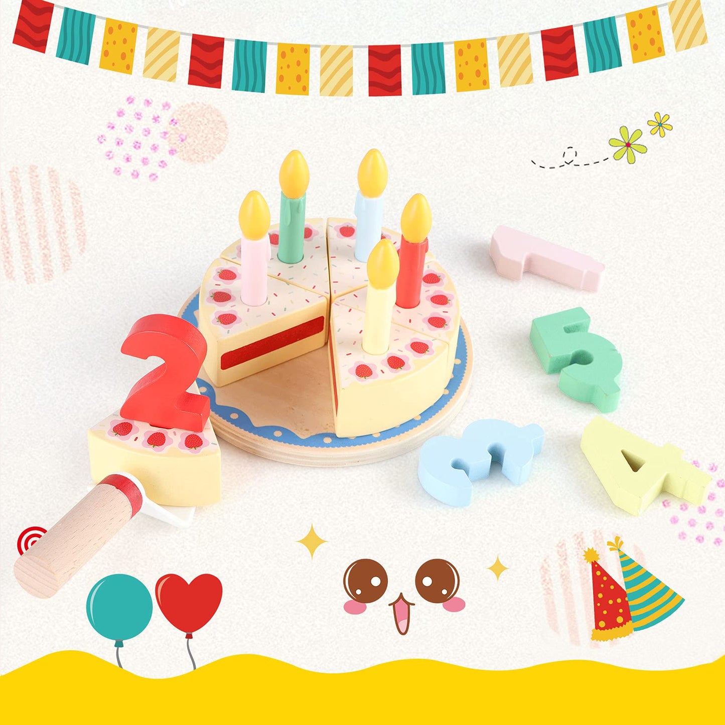 Steventoys Wooden Cutting Cake Play Set, Fake Cake with Candles and Numbers, Pretend Play Food Set, Montessori Tea Party Toys Learning Kitchen Toys for Boys Girls 1-6 Years