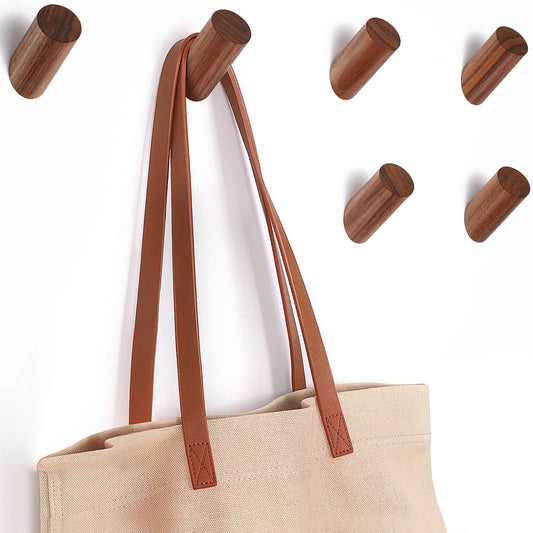 Felidio Wood Wall Hooks, 6 Pack Natural Wooden Coat Hooks Wall-Mounted, Rustic Heavy Duty Hook for Hanging Towels Coats Plants, Entryway Hat Hanger Wall Coat Rack (Walnut Wood)