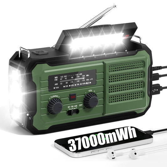Emergency Radio Hand Crank Solar, 10000mAh/37000mWh Emergency Weather Radio, Hand Crank Solar Radios with NOAA/AM/FM, Cell Phone Charger, Headphone Jack, Flashlight for Indoor Outdoor